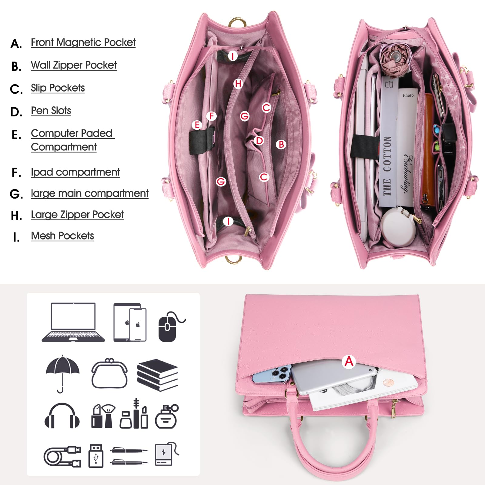 RAINSMORE Laptop Bag for Women 15.6 Inch PU Tote Bag Business Office Work Bag Waterproof Briefcase Computer Tote Lightweight Handbag Shoulder, Pink