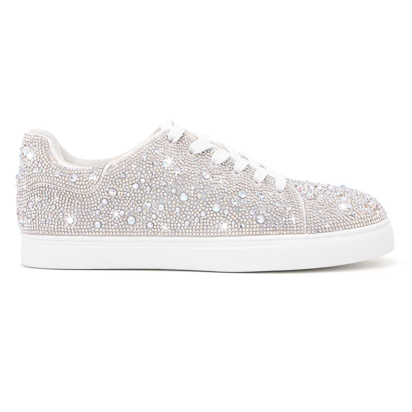 Suokdil Sparkle Rhinestone Sneakers for Women - Bling Fashion Bedazzled Platform Tennis Shoes - White Glitter, Sequin Wedding and Party Shoes