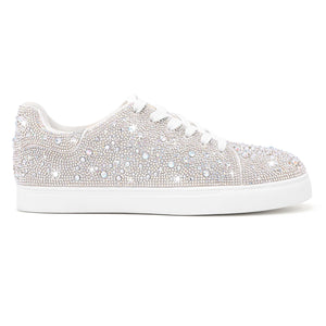 Suokdil Sparkle Rhinestone Sneakers for Women - Bling Fashion Bedazzled Platform Tennis Shoes - White Glitter, Sequin Wedding and Party Shoes