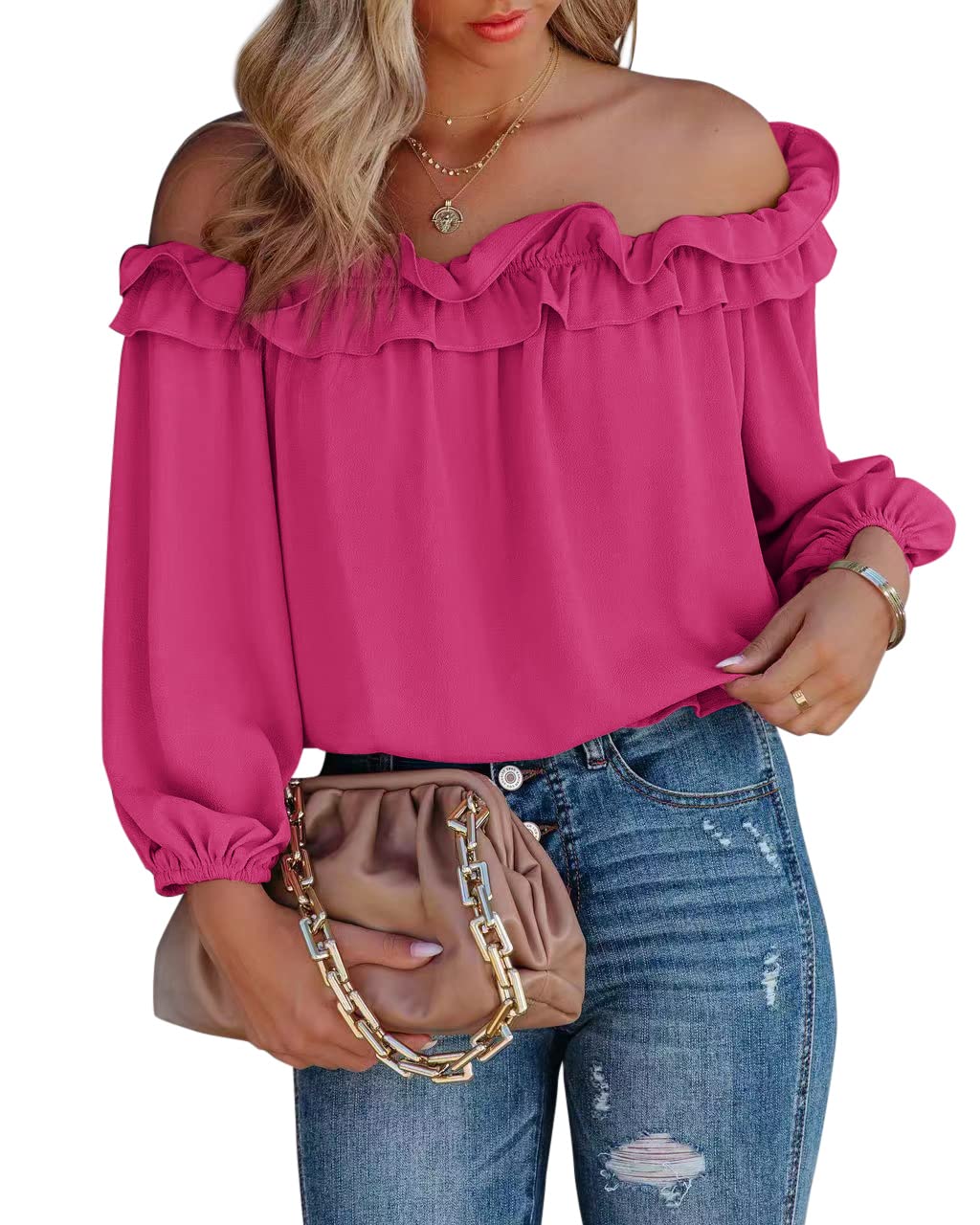 evnanic Off Shoulder Blouses for Women Long Sleeve Shirt Pleated Ruffle Flowy Blouses Spring Rose S
