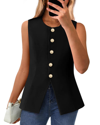 BTFBM Summer Sleeveless Blazer Vest For Women Dressy Button Down Round Neck Business Casual Outfits Work Suit Vests Tops(Black, Medium)