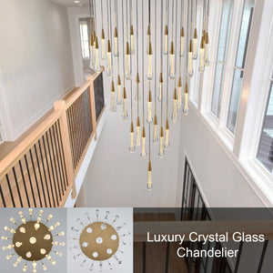 34-Light Gold Chandeliers for High Ceilings, Large Raindrop Chandelier for Foyer, Entryway, Staircase, Luxury Long Big Hanging Light Fixtures with Glass, Brass Pendant Light Fixtures Living Room