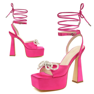JENN ARDOR Womens Pink Platform Heels Lace Up High Strappy Sandals 5 inch Chunky Prom Shoes Butterfly Heeled for Club Party Date (tie-up/Buckle)