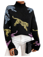 Load image into Gallery viewer, WDIRARA Women&#39;s High Neck Sweater Leopard Pattern Long Sleeve Fuzzy Knitted Pullover Top Black Medium
