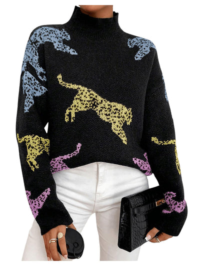 WDIRARA Women's High Neck Sweater Leopard Pattern Long Sleeve Fuzzy Knitted Pullover Top Black Medium