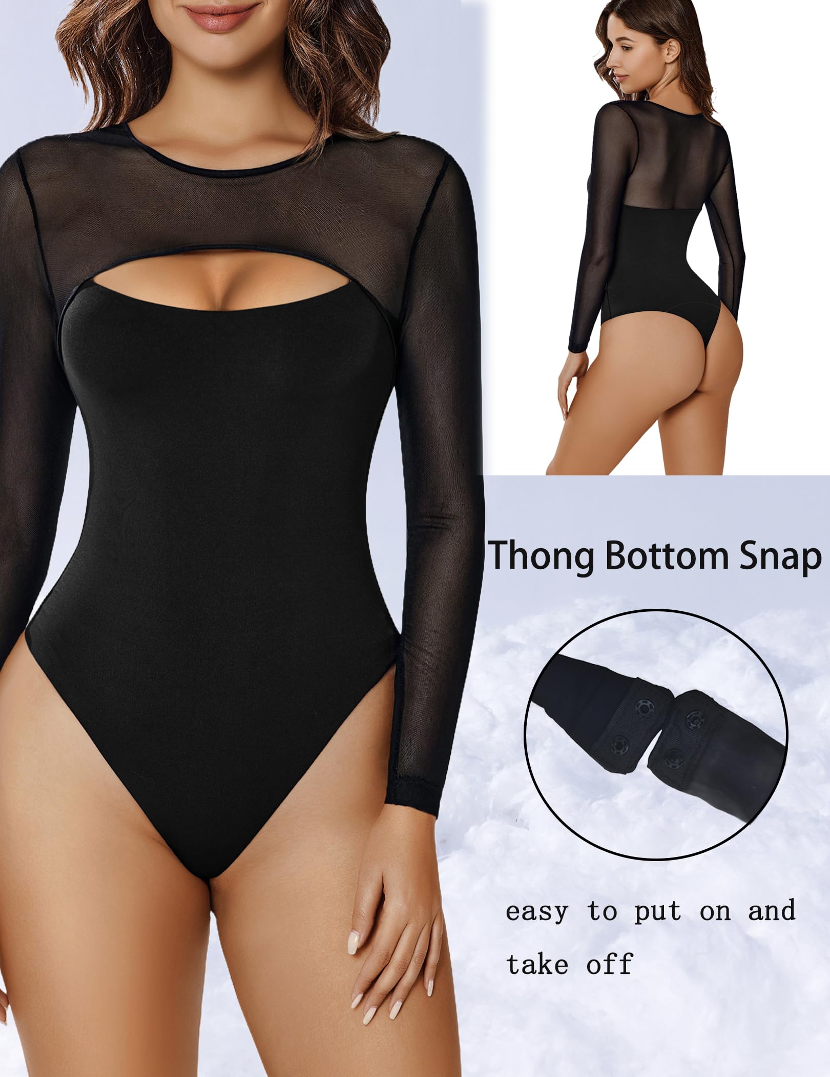 Avidlove Womens Bodysuit Long Sleeve Double Lined Bodysuits Sheer Round Neck Shirt Going Out Tops for Women Black M