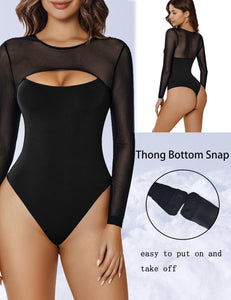 Avidlove Womens Bodysuit Long Sleeve Double Lined Bodysuits Sheer Round Neck Shirt Going Out Tops for Women Black M