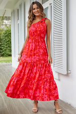 Load image into Gallery viewer, PRETTYGARDEN Women&#39;s Summer Floral Maxi Dress Knot One Shoulder Sleeveless Ruffle Flowy Boho Beach Wedding Guest Dresses (Red Floral,Small)
