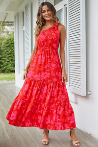 PRETTYGARDEN Women's Summer Floral Maxi Dress Knot One Shoulder Sleeveless Ruffle Flowy Boho Beach Wedding Guest Dresses (Red Floral,Small)