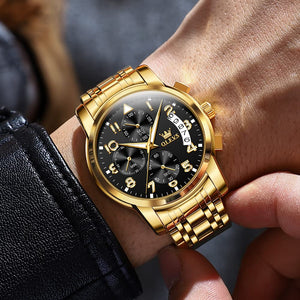 OLEVS Watches for Men,Mens Watches,Mens Gold Watch Big Large Face Black and Gold Waterproof Stainless Steel Dress Chronograph Luxury Water Resistant Fashion Roman Numerals Wrist Watch,Reloj Hombre