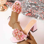 Load image into Gallery viewer, DONRRNDK Women's Pink Flower Block Heel Slides 3D Floral Pearl Decor Open Toe Mule Sandals Elegant Chunky Heel Slip-On Shoes for Wedding Party (Pink,11)
