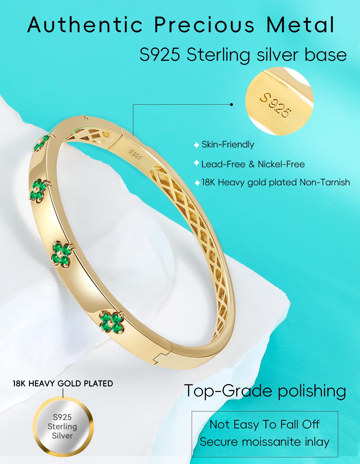 TIMELESSTAR Emerald Gold Bangle Bracelets for Women Gifts Four Leaf Clover Bracelet Moissanite Diamond Tennis 925 Sterling Silver 18k Plated Cute Friendship Dainty Womens Bangles Stack Non Tarnish