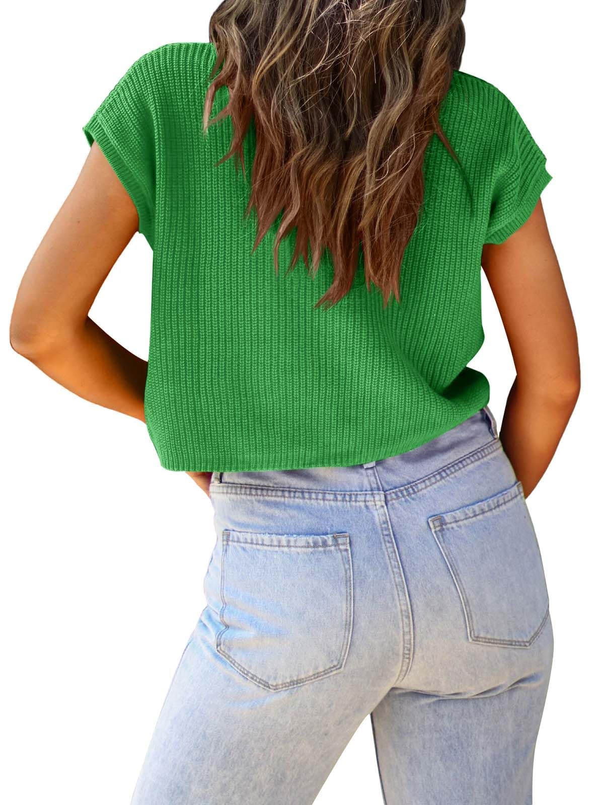 LCXWFE Womens Summer Cropped Sweater Vest Trendy Cap Sleeve Crop Tops Crew Neck Loose Knit Tank Top