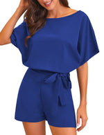 Load image into Gallery viewer, Vetinee Womens Royal Blue Summer Casual Belted Romper Keyhole Back Short Sleeve Jumpsuit Playsuit Medium
