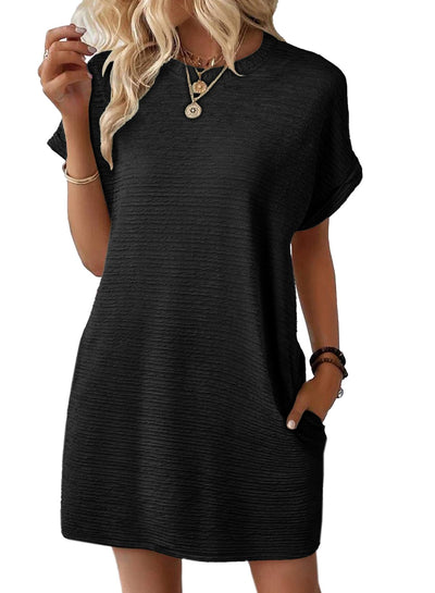 EVALESS Womens Summer Dresses 2025 Fashion Short Sleeve Cute Spring Mini Dress Crewneck Solid Casual Beach Vacation Clothes Tshirt Dresses with Pockets Black Small