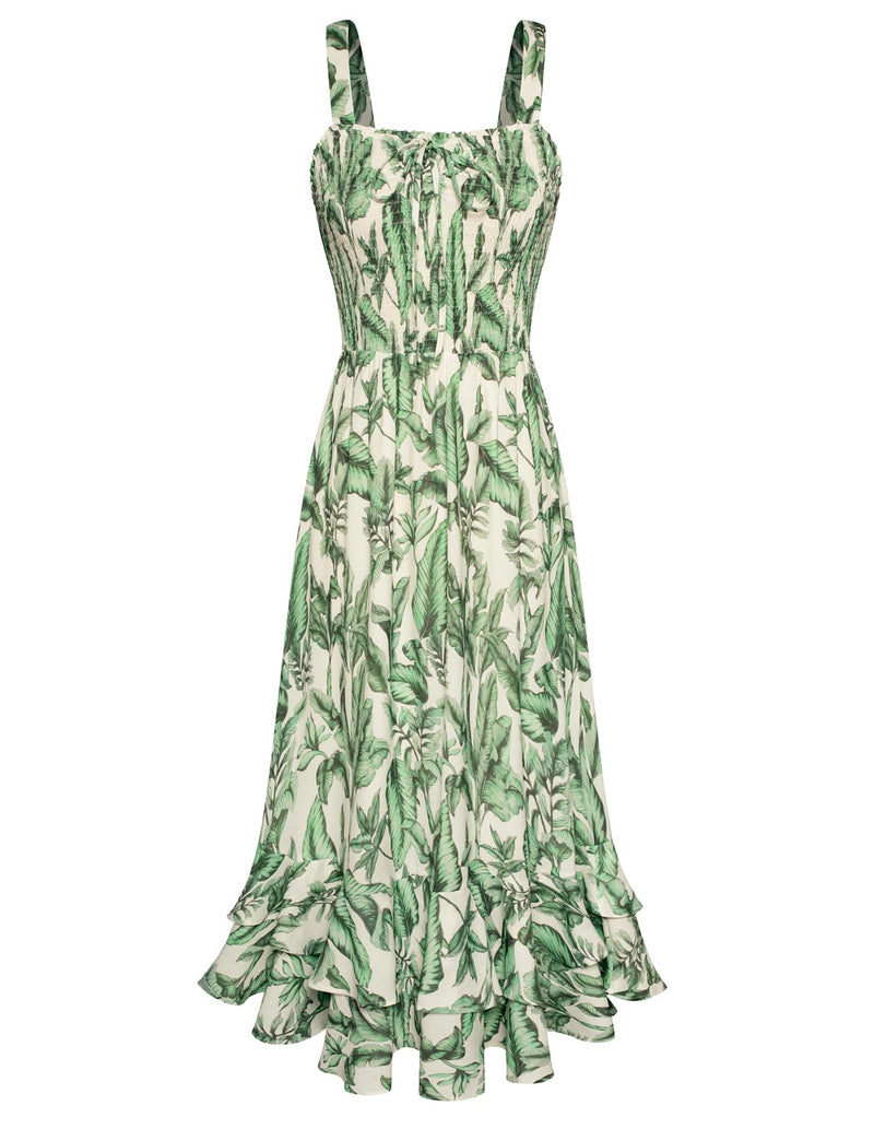 GRACE KARIN Women's 2026 Summer Floral Boho Dress Square Neck Strapped Swing A Line Sundress Beach Long Maxi Outfits Green Leaf M