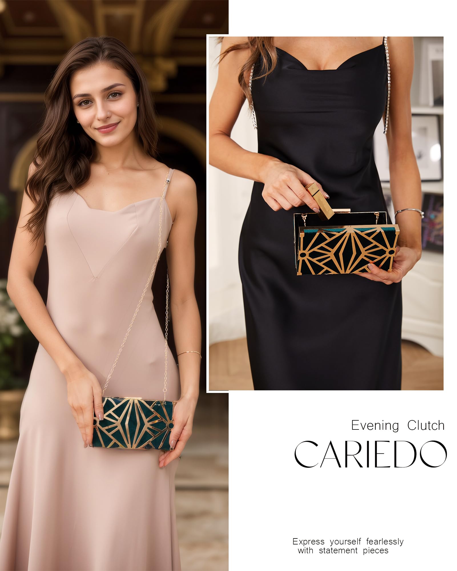 CARIEDO Women Evening Bag Elegant Clutch Purse Exquisite Velvet Metal Hollow out Handbags Prom Wedding Party (Green)