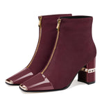 Load image into Gallery viewer, XINIUNIU Ankle Boots for Women Burgundy Booties Block Chunky Heeled Metal Square Toe Suede Front Zipper 3 Inch Dressy Short Boot Size 7.5

