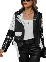 Load image into Gallery viewer, Bellivera Women Faux Leather Jacket Studded Rivet Floral Moto Biker Coat 0376A Blackwhite M
