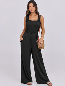 ANRABESS Womens Casual Summer Jumpsuits Smocked Sleeveless Wide Leg Long Romper Jumpers Dressy 2025 Vacation Outfits Black M