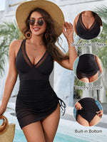 Load image into Gallery viewer, Blooming Jelly Women One Piece Swim Dress Tummy Control Swimsuits Modest Mesh Sheer V Neck Swimdress (M, Black)
