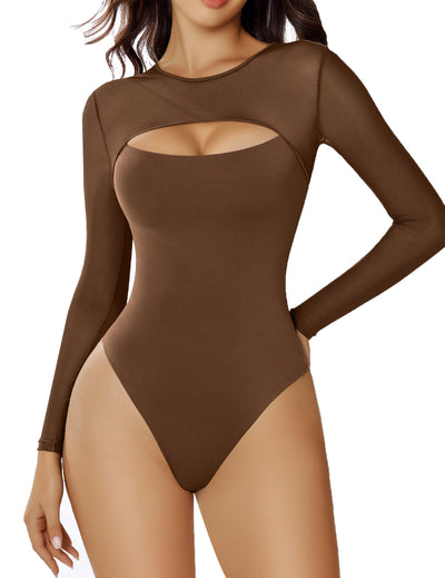 Avidlove Crew Neck Long Sleeve Shapewear Bodysuit Mesh Sheer Cutout Tops for Women Brown M