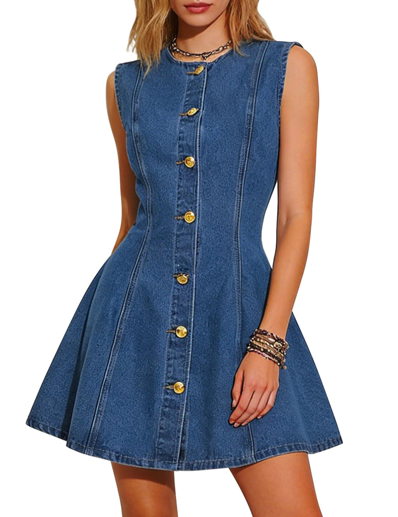 Nitzana Women Denim Dress Jean Sleeveless Button Down A Line Mini Tank Casual Summer Babydoll Dresses with Pocket 2026 Trendy Western Outfits Blue Small