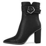 Load image into Gallery viewer, Zamikoo Women Boots Ankle Block Chunky Heel Pointed Toe Beaded High Heeled Fall Short Booties Buckle Strap Side Zipper 3.5 Inches Matte Black US Size 7
