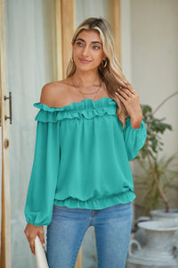 evnanic Women's Fall Shirts for Women Long Sleeve Off The Shoulder Tops for Women Casual Loose Flowy Blouses Clothes Lake Blue S