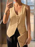 Load image into Gallery viewer, Tankaneo Womens Scoop Neck Blazer Vest Summer Linen Sleeveless Fitted Waistcoat Work Casual Cotton Suit Tops
