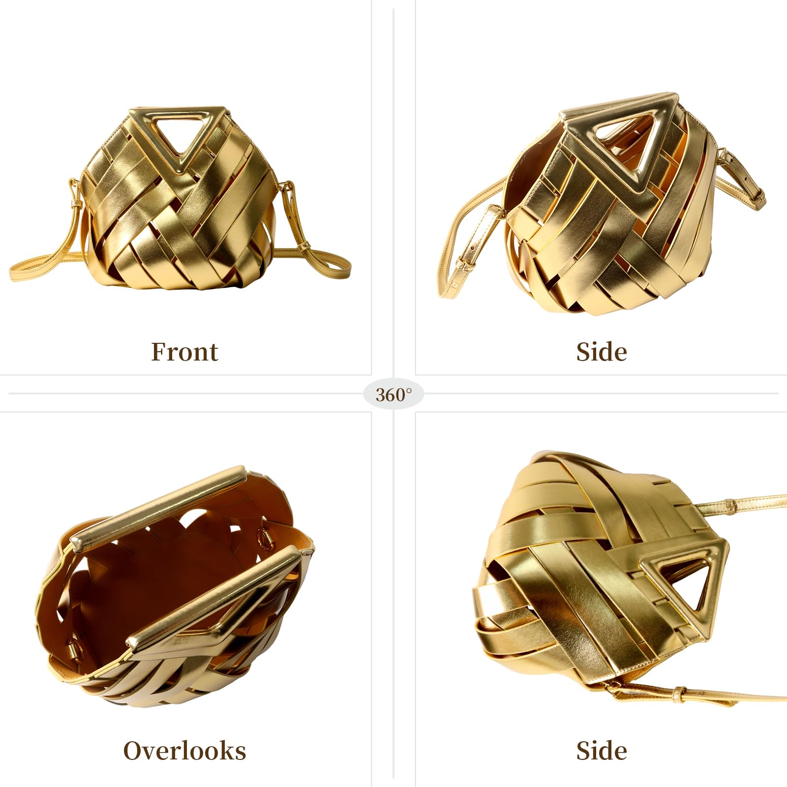 Designer Inspired Woven Bucket Bag for Women, Vegan Leather Multi-functional Crossbody Tote Purse Retro Style (Gold)