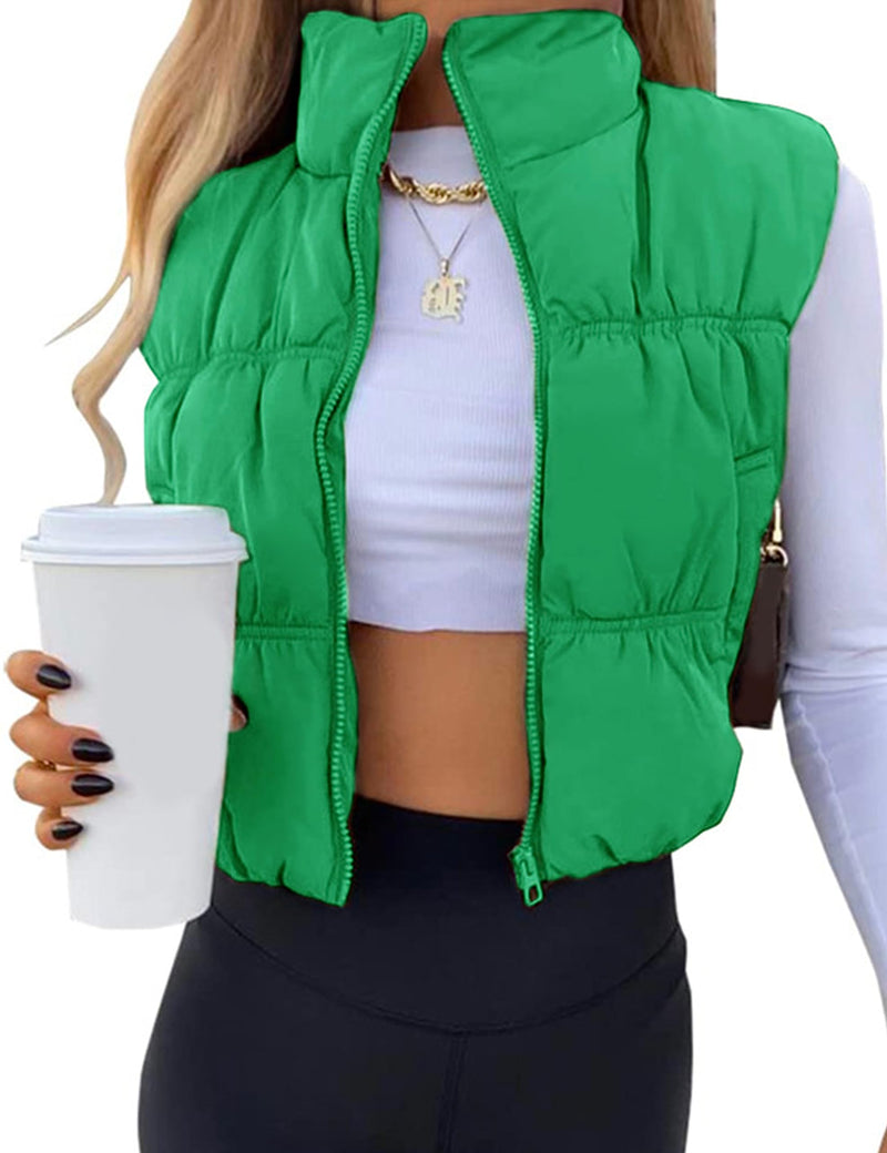 Athlisan Womens Cropped Puffer Vest Zip Up Stand Collar Lightweight Sleeveless Padded Gilet with Pockets(Green-M)