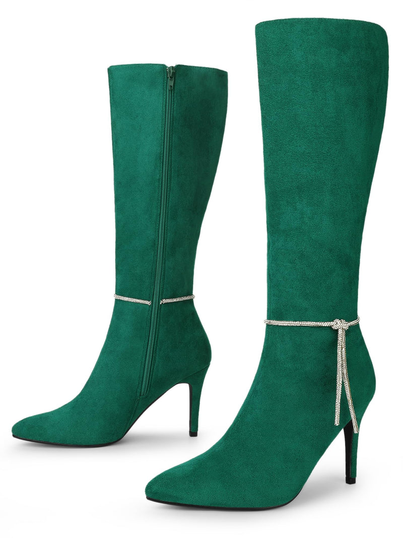Allegra K Women's Rhinestone Chain Pointed Toe Stiletto Heels Green Knee High Boots 9 M US