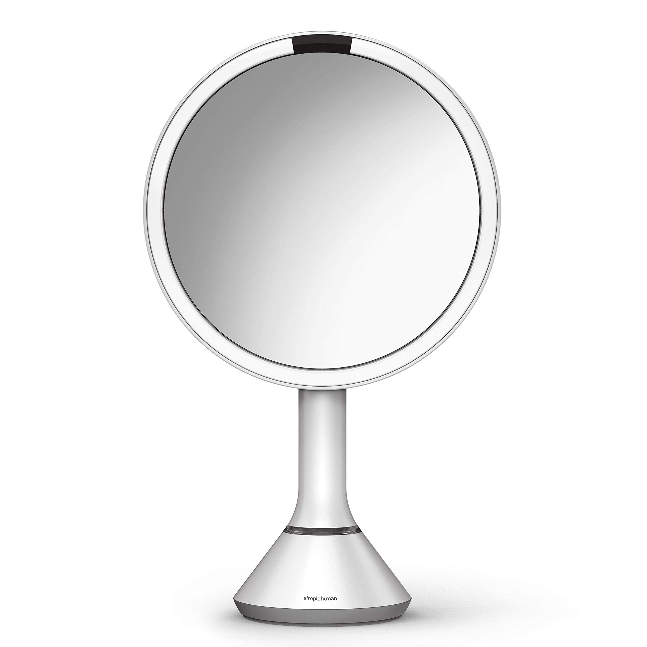 simplehuman Sensor Mirror, Lighted Makeup Mirror with Magnification (5X), 8" Round Magnifying Vanity Mirror with Lights, Cordless, White Stainless Steel