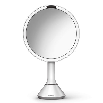simplehuman Sensor Mirror, Lighted Makeup Mirror with Magnification (5X), 8" Round Magnifying Vanity Mirror with Lights, Cordless, White Stainless Steel