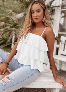 KIRUNDO Spaghetti Strap Babydoll Ruffle Tops for Women 2025 Summer Layered Flowy Beach Fashion Vacation Cruise Outfits(White, Small)