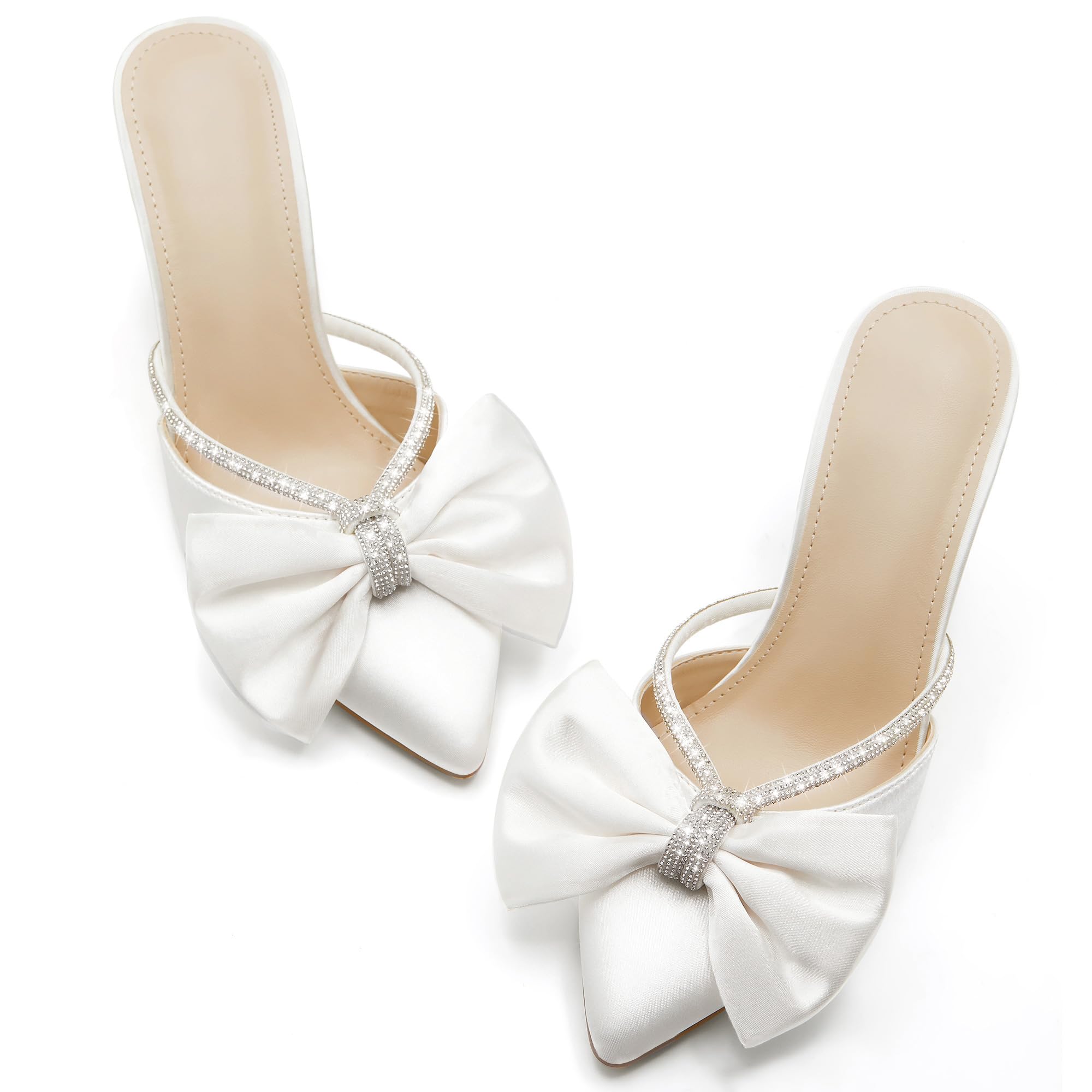 Coutgo Womens Bow Heels Mules Pointed Closed Toe Sandals Rhinestone Satin Backless Wedding Shoes, White, Size 9