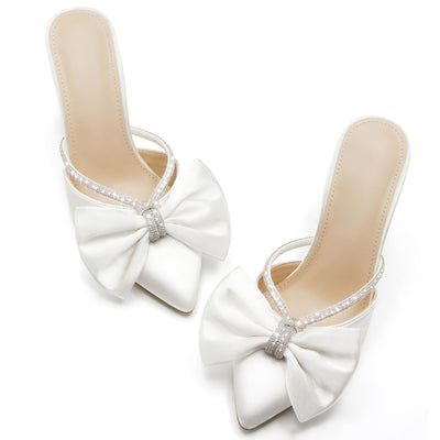 Coutgo Womens Bow Heels Mules Pointed Closed Toe Sandals Rhinestone Satin Backless Wedding Shoes, White, Size 9