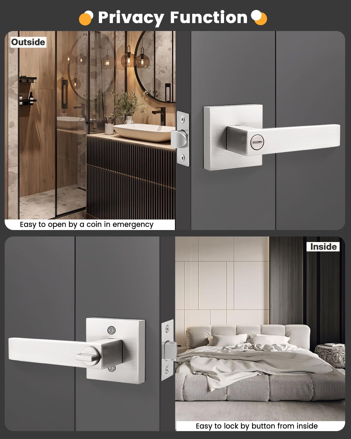 Gobrico 5 Pack Satin Nickel Square Door Levers with Privacy Lock,for Bedroom and Bathrom,Zinc Alloy Made Heavy Duty