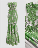 Load image into Gallery viewer, CHICME Floral Printed Prom Dress Drawstring Ruched Shirred Bandeau Party Dress Slim Fit Ruffle Hem Wedding Guest Dresses Green-M

