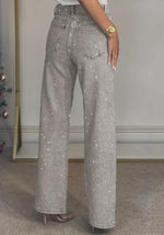 Load image into Gallery viewer, Famnbro Womens Rhinestone Jeans Baggy Y2K High Waisted Straight Wide Leg Sparkly Bling Glitter Denim Pants Light Grey
