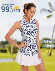 Soneven Women's Leopard Sleeveless Golf Shirts Tennis Polo Shirt Moisture Wicking Tank Tops Athletic Shirt