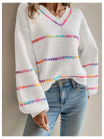 Load image into Gallery viewer, Verdusa Women&#39;s Striped Oversized Sweaters Vacation Drop Shoulder Pullover Fall Cozy Sweater for Women White X-Small
