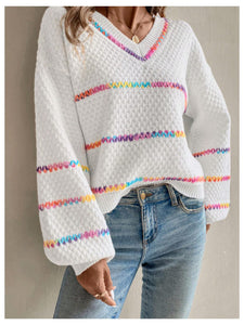 Verdusa Women's Striped Oversized Sweaters Vacation Drop Shoulder Pullover Fall Cozy Sweater for Women White X-Small