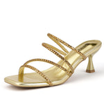 Load image into Gallery viewer, IDIFU Rhinestone Heels Gold Strappy Low Kitten Square Open Toe Mule Heels Wedding Bridal Prom Party Dress Shoes for Women Comfortable Dressy Formal Sparkly Slip On Heeled Sandals (Gold Pu, 8)
