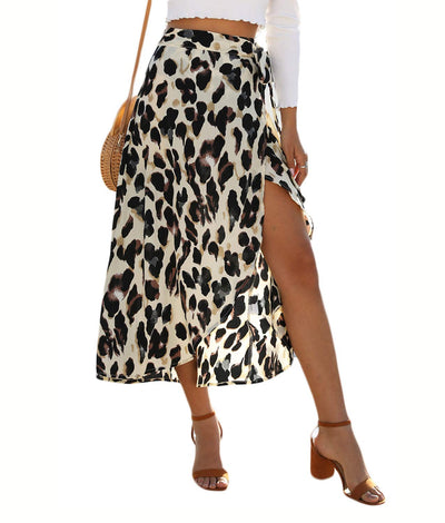 Newchoice Plus Size Skirts Bohemian,Self Tie Waist Sexy Hawaiian Wrap Cover Up Skirt (L,Leopard Khaki)