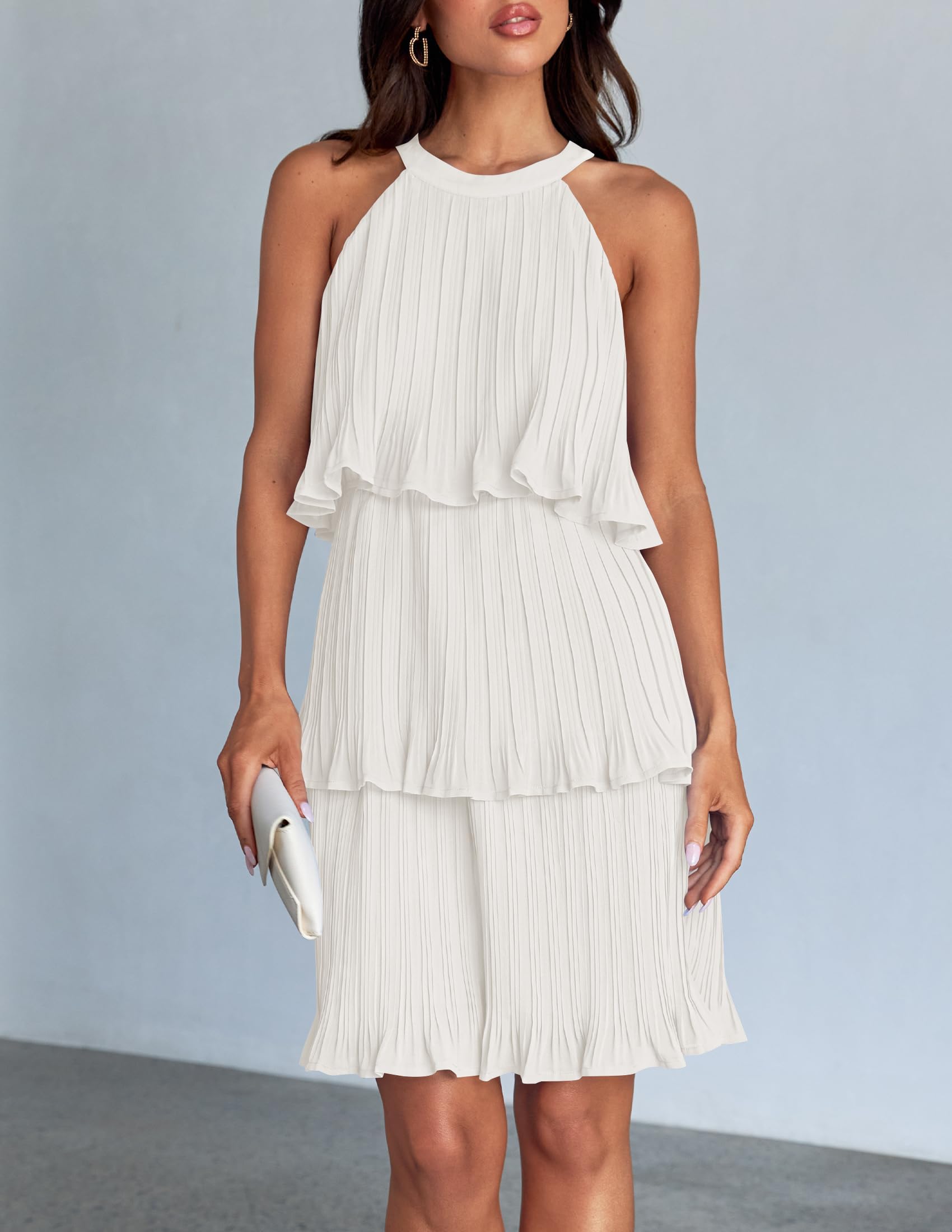 ZESICA Women's 2024 Summer Halter Dresses Sleeveless Ruffle Tiered Layered Chiffon Pleated A Line Swing Mini Dress,White,Medium