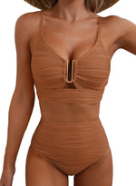 Load image into Gallery viewer, Herseas Women's Textured Bikini Set 2026 Summer Metal V Neck High Cut Swimwear Ribbed Sexy 2026 Vacation Slimming Swim Suits Resort Wear Casual Vacation Outfits Caramel Medium
