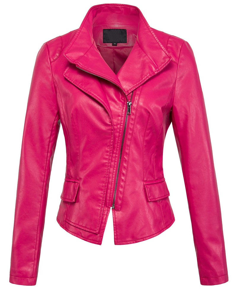 chouyatou Women's Stylish Oblique Zip Slim Faux Leather Biker Outerwear Jacket (Medium, Rose)