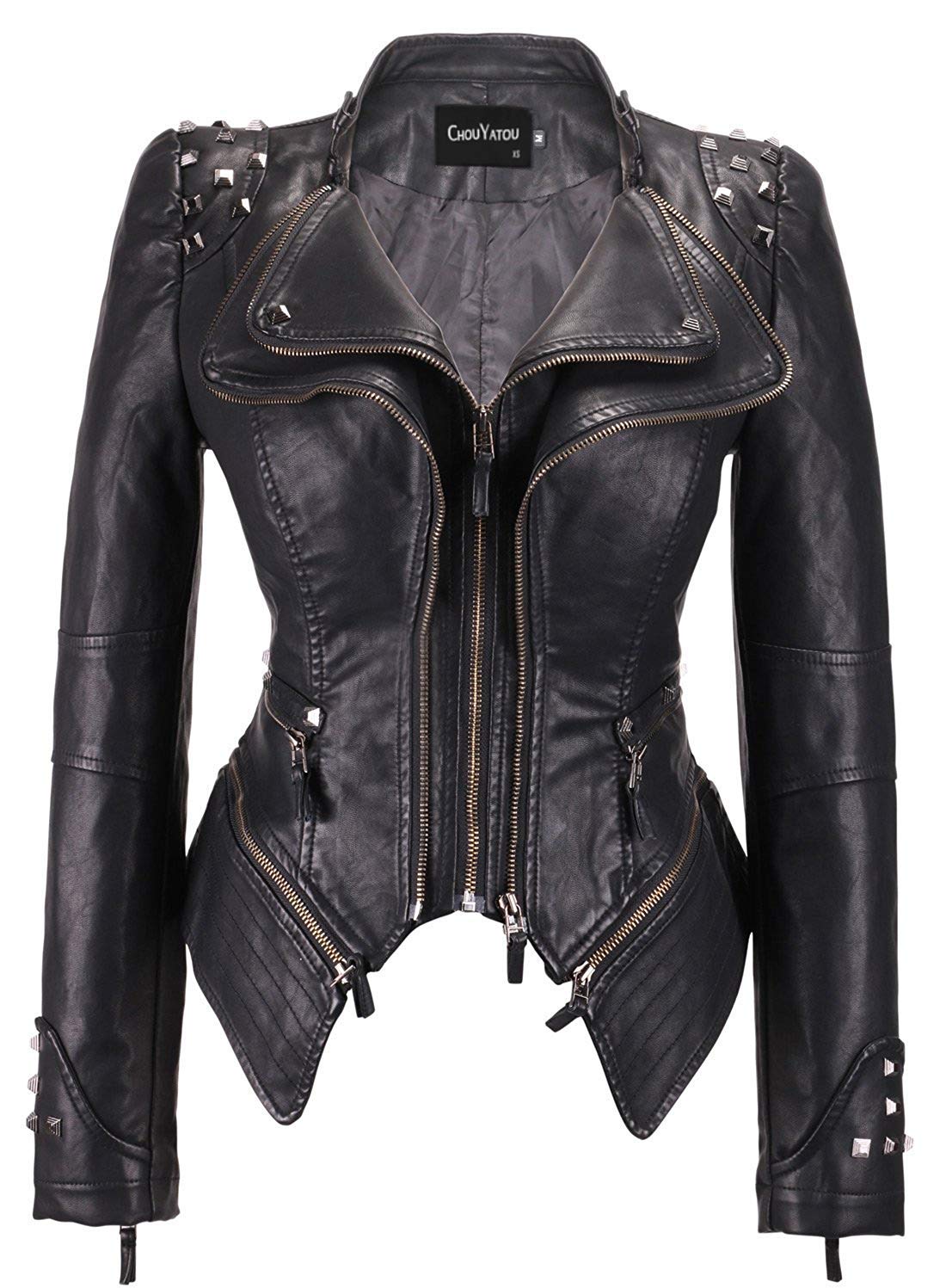 chouyatou Women's Fashion Studded Perfectly Shaping Faux Leather Biker Jacket (Medium, Black)